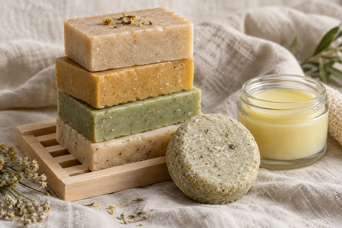Savons solides de teintes naturelles empilés sur une grille en bois, à côté d&rsquo;un shampoing solide rond et d&rsquo;un pot de baume