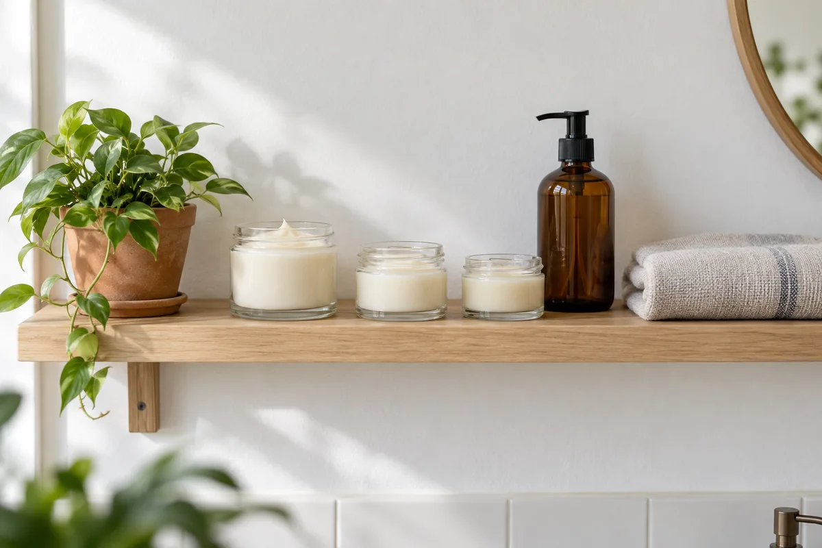 Étagère de salle de bain en bois portant des pots en verre unis, un flacon pompe ambré et une petite plante verte