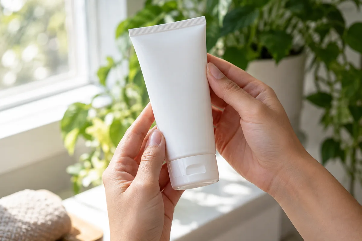 Mains tenant un tube de crème près d&rsquo;une fenêtre