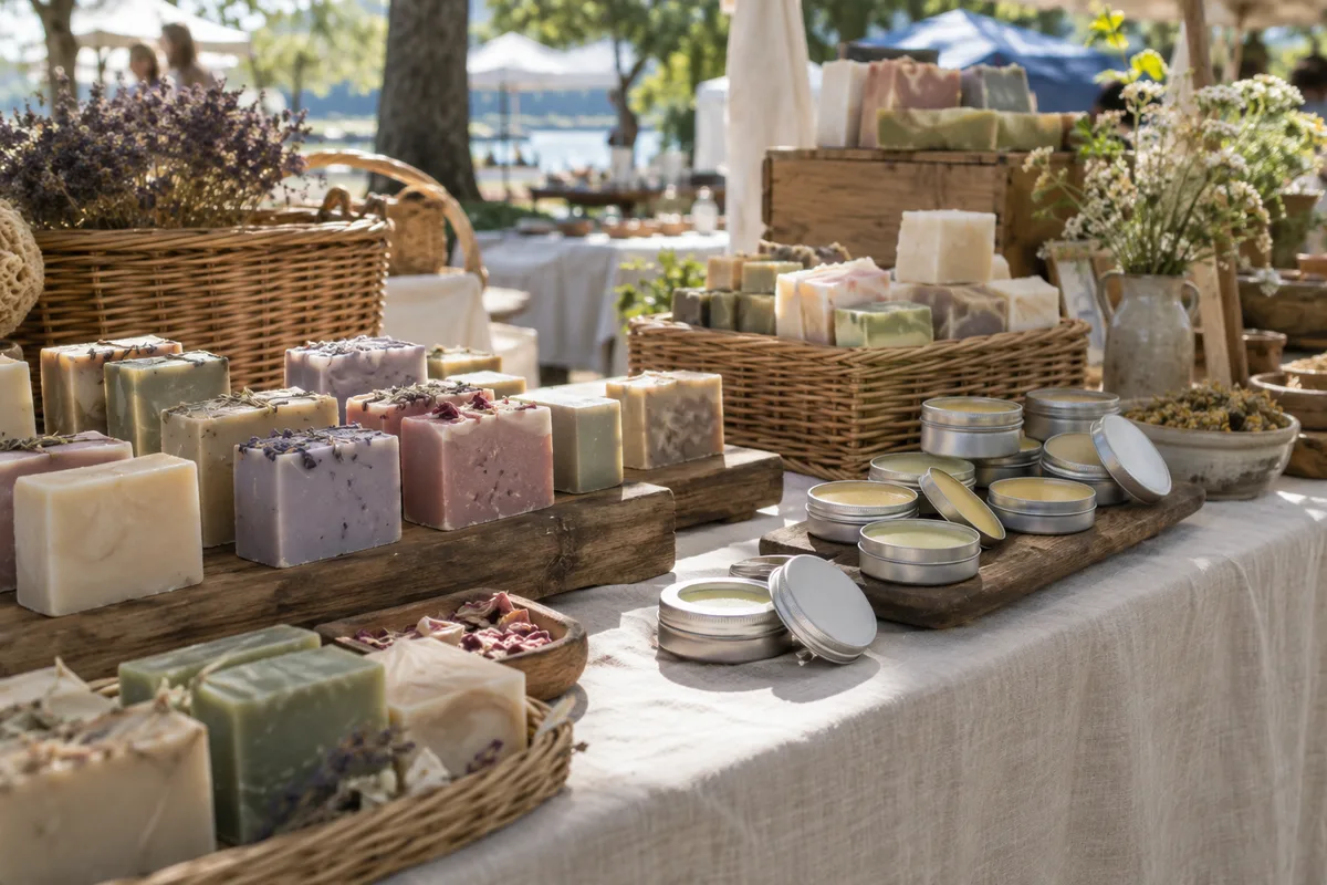 Stand de marché de créateurs avec savons et baumes artisanaux