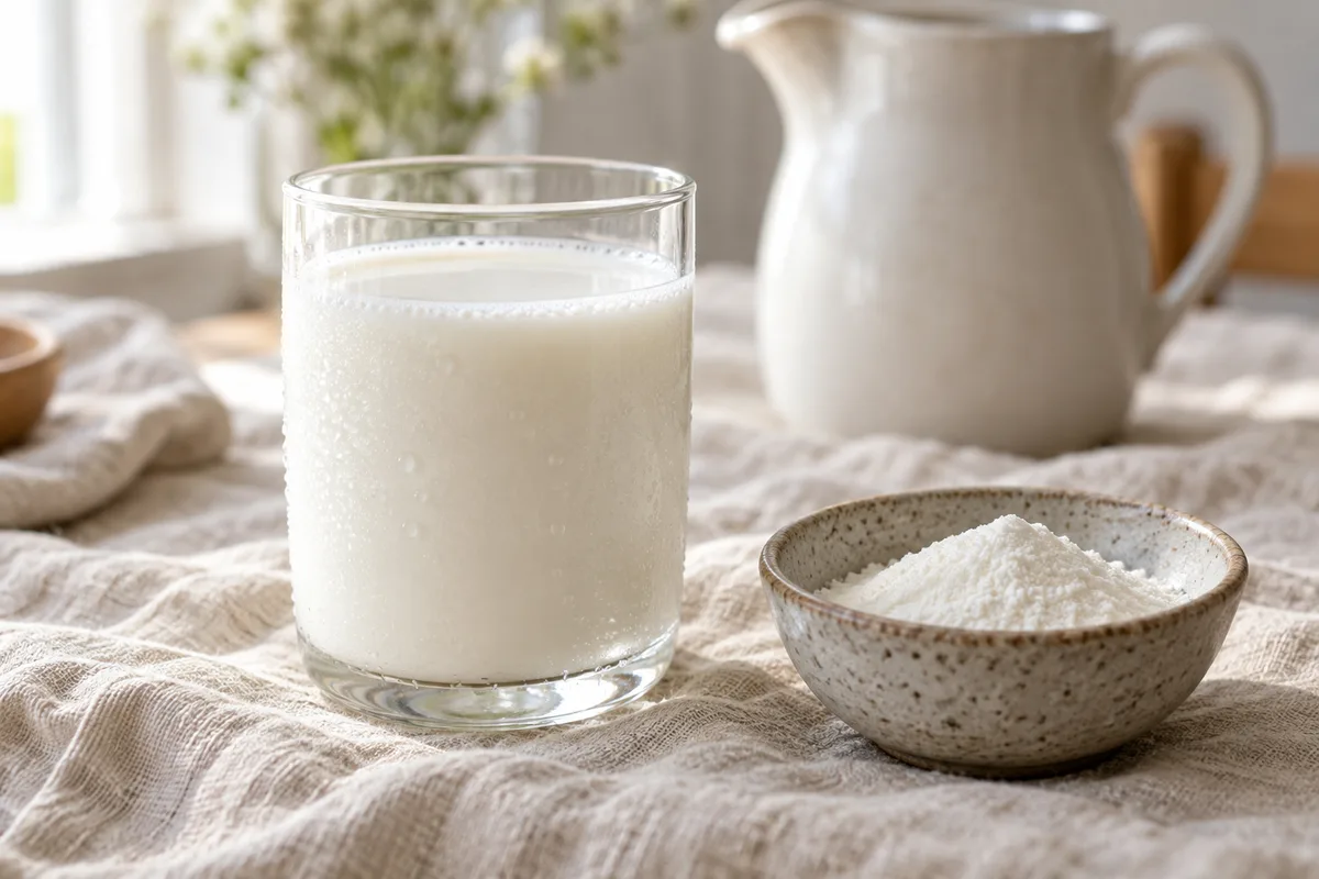 Verre de lait et coupelle de poudre blanche fine posés sur une nappe en lin, pichet en céramique en arrière-plan