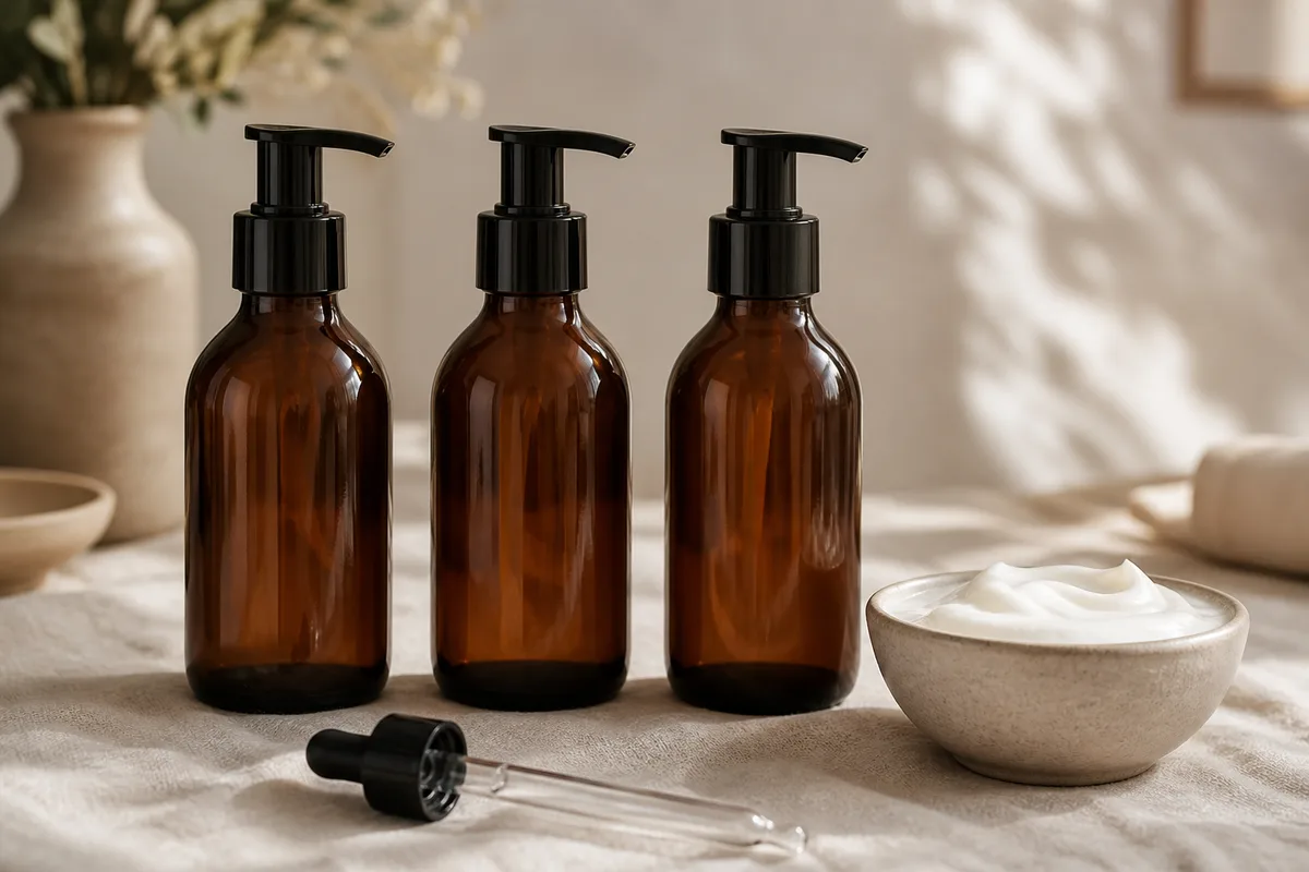 Flacons ambrés et bols de préparation cosmétique sur un plan de travail clair