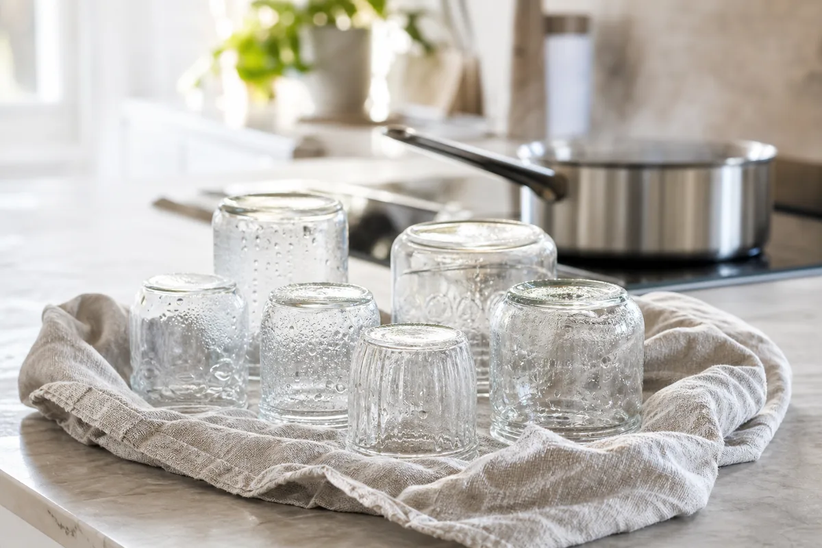 Bocaux en verre stérilisés séchant à l’envers sur un torchon en lin
