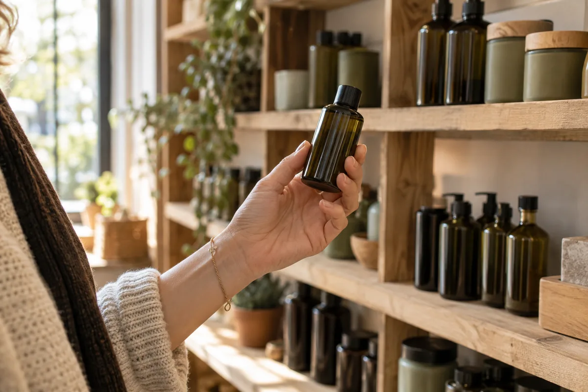 Main tenant un flacon de verre devant une étagère de boutique en bois garnie de contenants aux surfaces nues