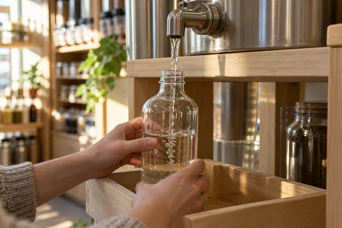 Bec verseur d’un distributeur en inox remplissant un flacon de verre réutilisable au-dessus d’un bac en bois