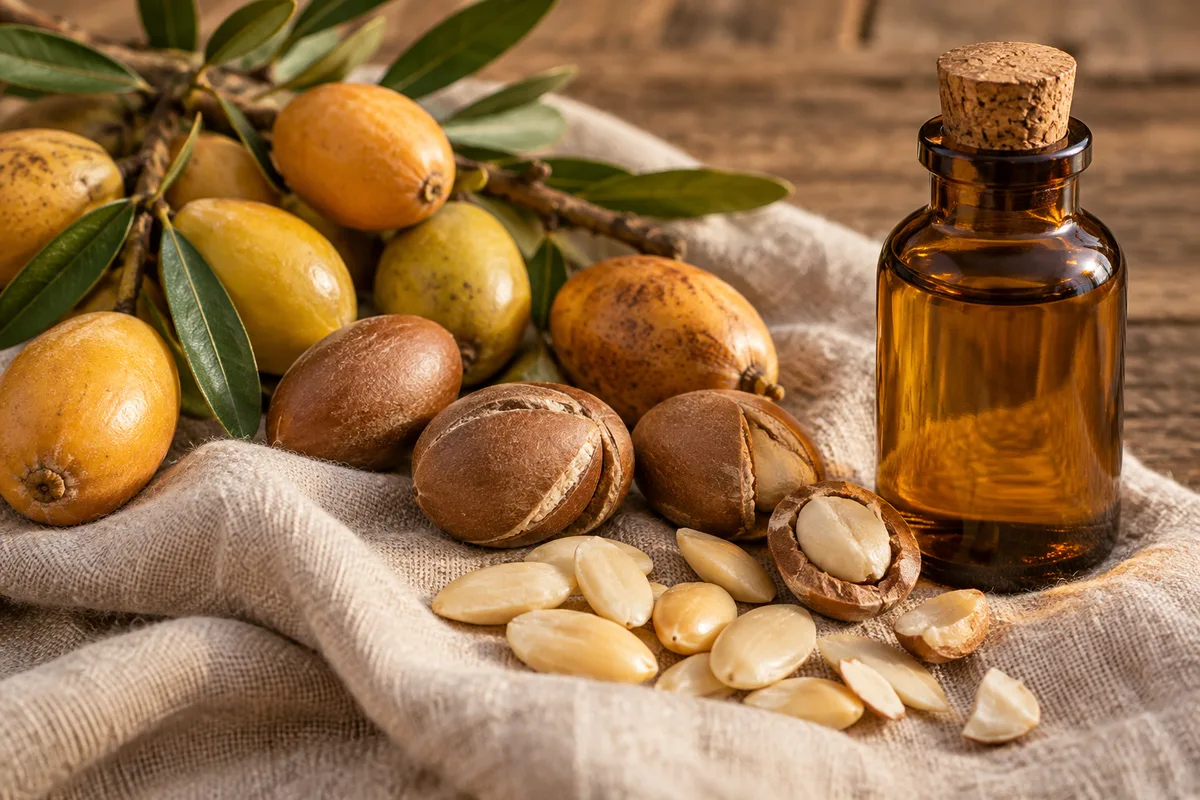 Fruits d&rsquo;arganier et amandons sur une étoffe de lin écru, près d&rsquo;un flacon de verre ambré uni
