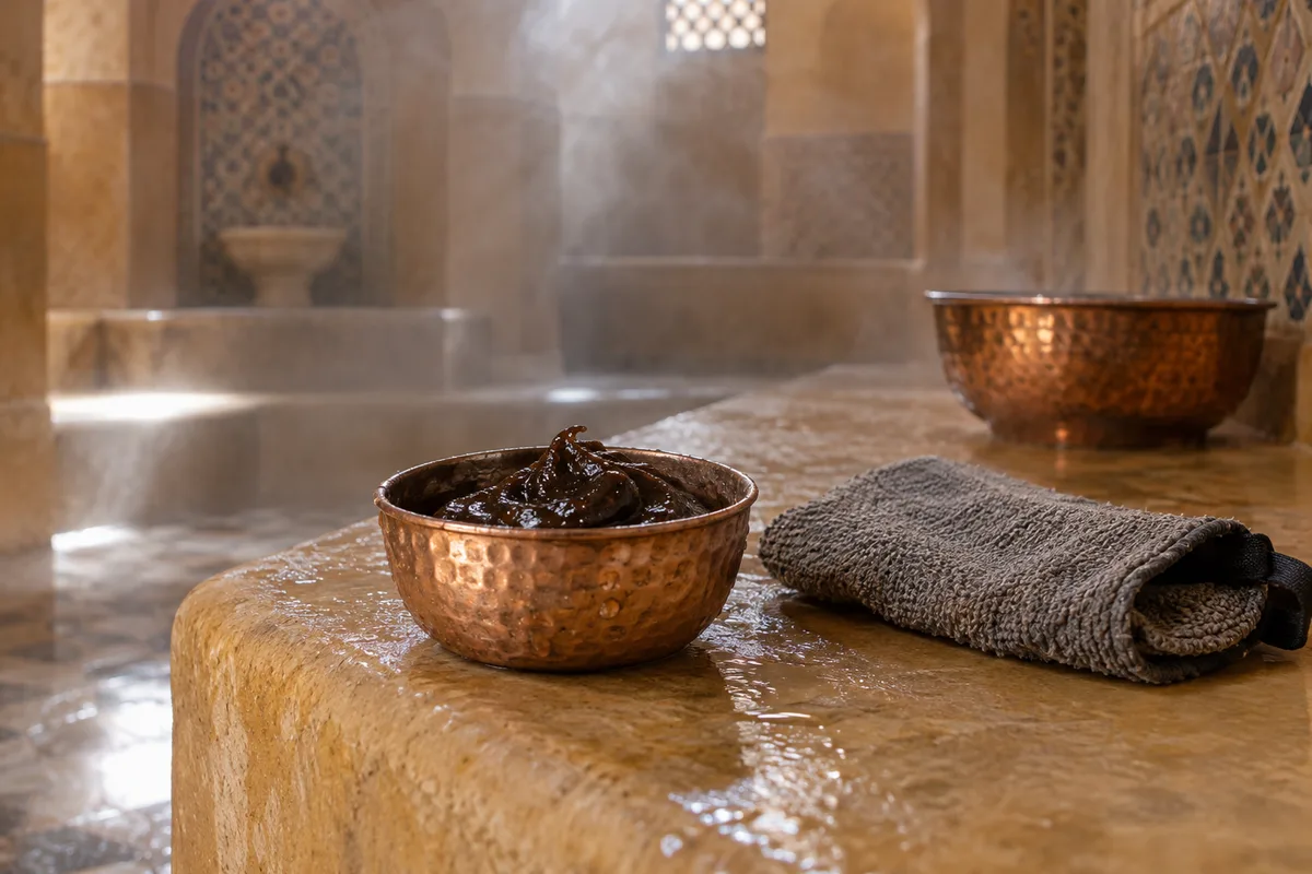 Pâte de savon noir dans une coupelle en cuivre, gant de gommage plié et vapeur de hammam