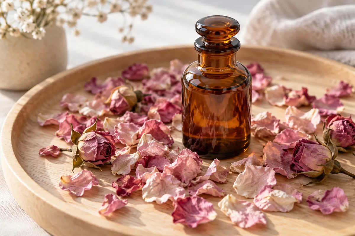 Pétales de roses séchés autour d&rsquo;un flacon de verre ambré uni, sur un plateau de bois clair