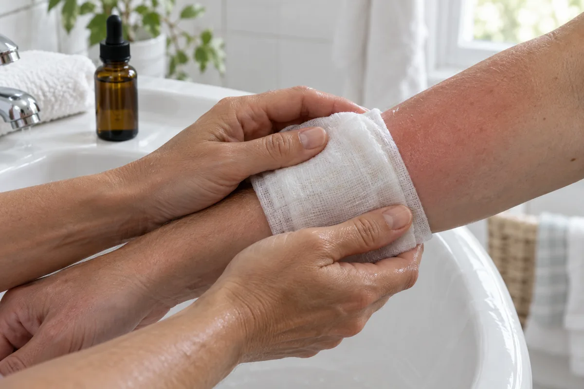 Mains appliquant une compresse de gaze imbibée sur un avant-bras rougi, flacon en verre ambré posé à côté
