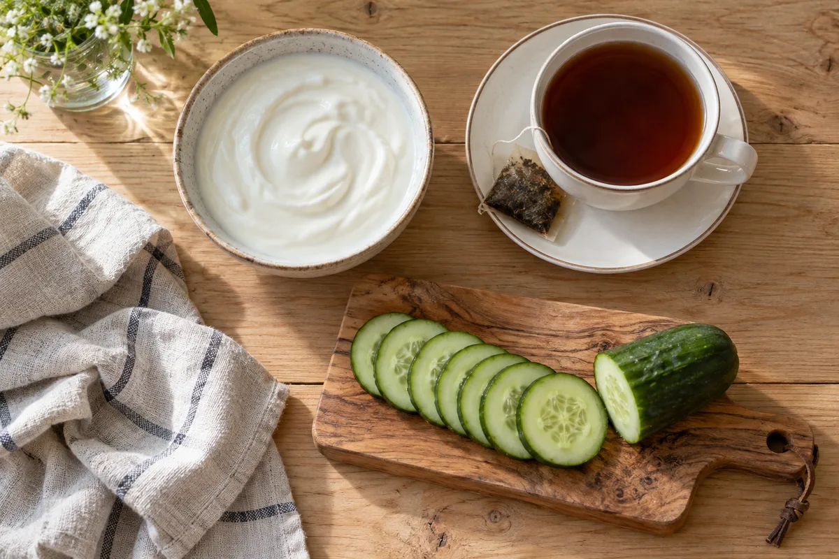 Bol de yaourt nature, tasse de thé noir infusé et rondelles de concombre sur une table de cuisine
