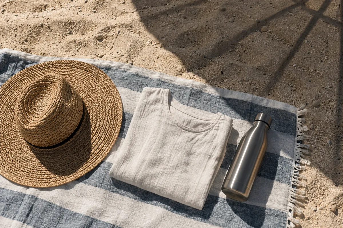 Chapeau de paille à large bord, tee-shirt en lin clair et gourde en inox posés sur une serviette de plage