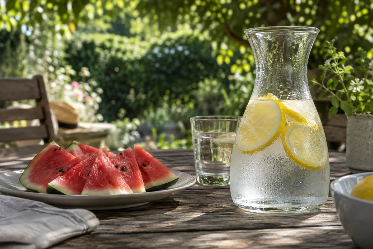 Carafe d&rsquo;eau aux rondelles de citron et pastèque coupée sur une table de jardin à l&rsquo;ombre