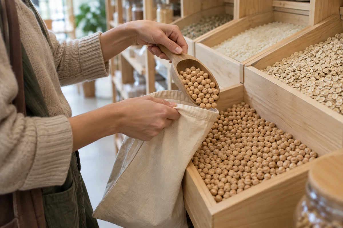 Mains remplissant un sac en tissu depuis un bac de vrac en bois clair rempli de pois chiches