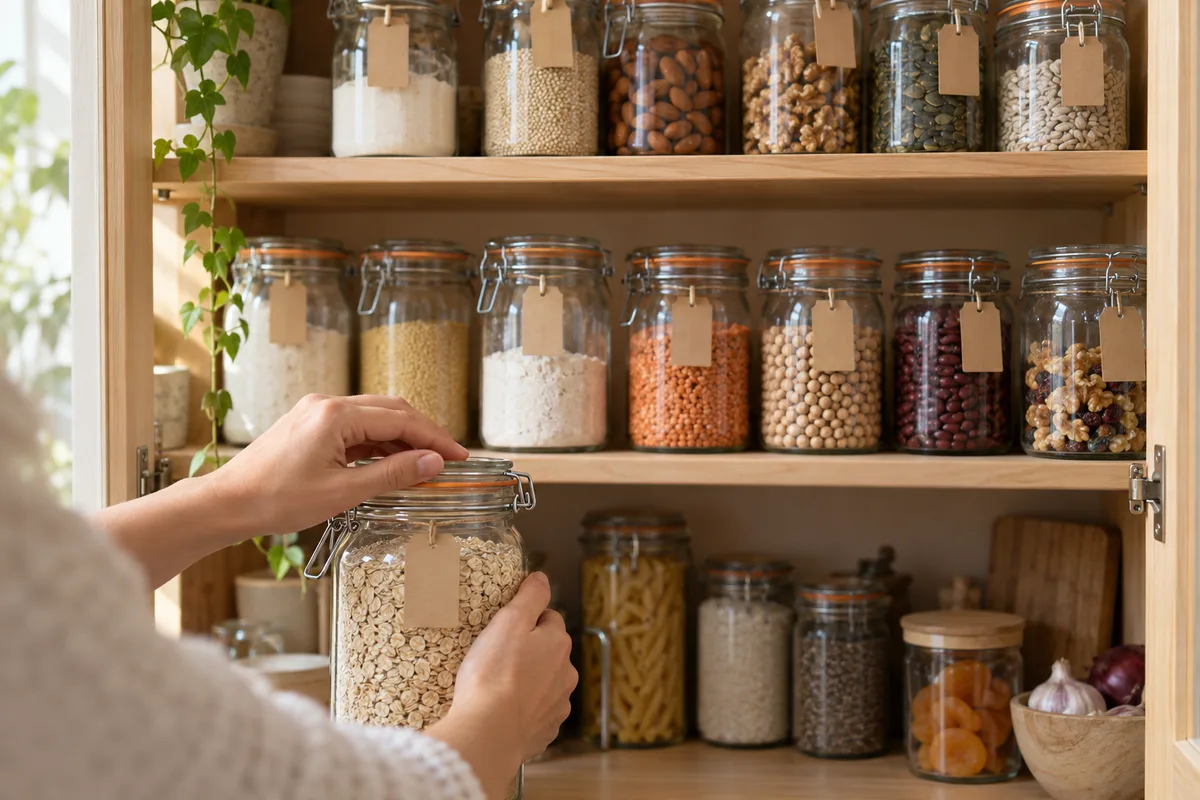 Bocaux en verre étiquetés remplis de céréales et de légumineuses alignés sur une étagère de cuisine
