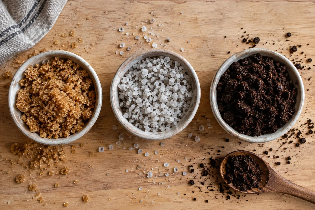 Trois bols de sucre roux, de gros sel et de marc de café sur un plan de bois clair