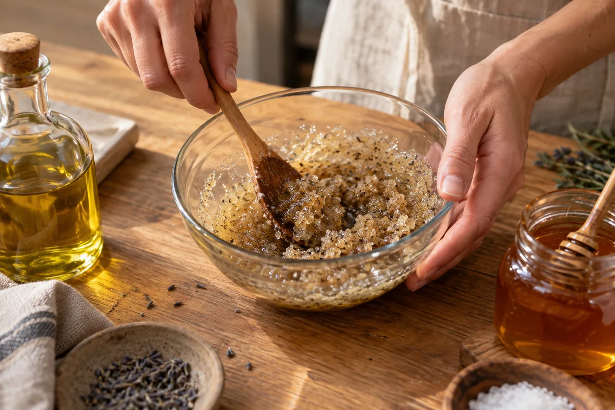 Mains qui mélangent une pâte de gommage dans un bol en verre à côté d&rsquo;un pot de miel ouvert