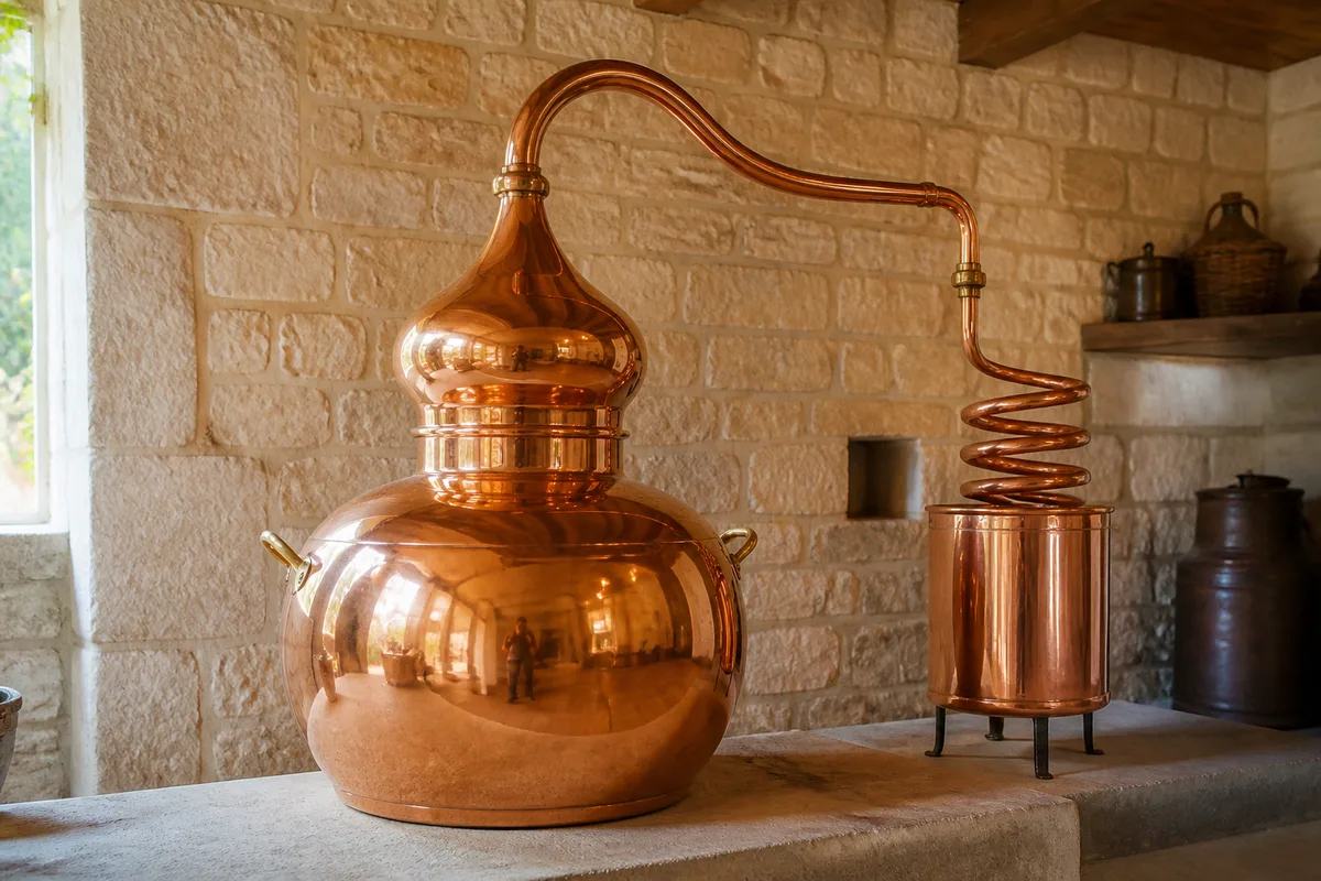 Alambic de cuivre poli dans un atelier de distillation baigné d&rsquo;une lumière naturelle douce