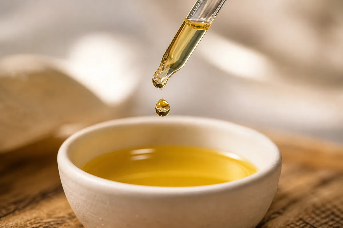 Gros plan sur une pipette de sérum huileux au-dessus d’un bol en céramique