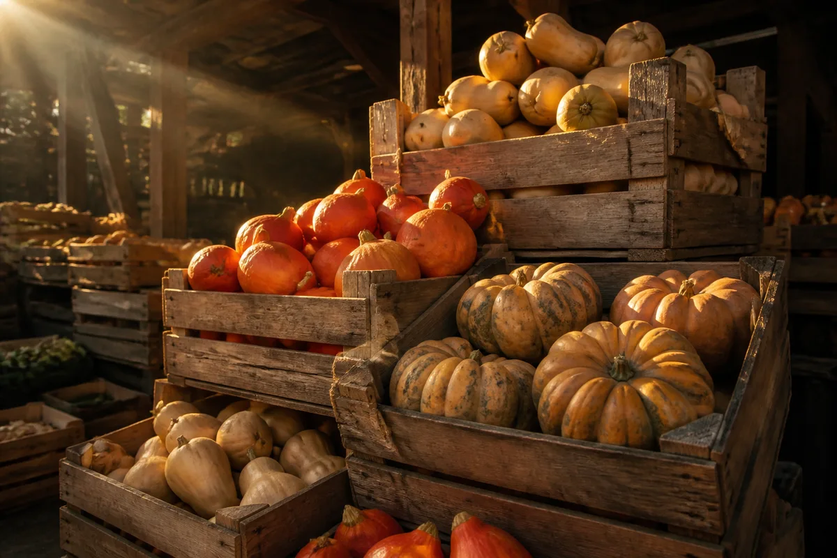 Cagettes de courges et potimarrons empilées dans une halle de marché en automne