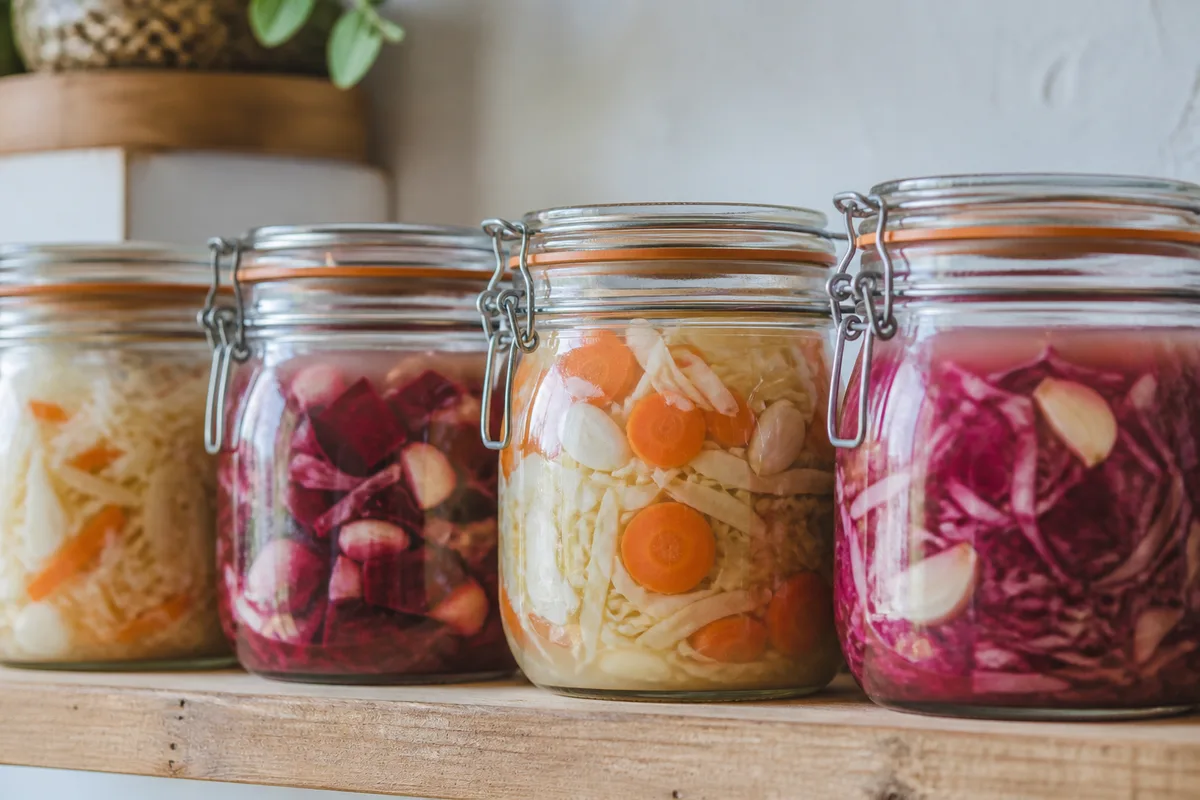 Bocaux de légumes lacto-fermentés alignés sur une étagère en bois dans une cuisine