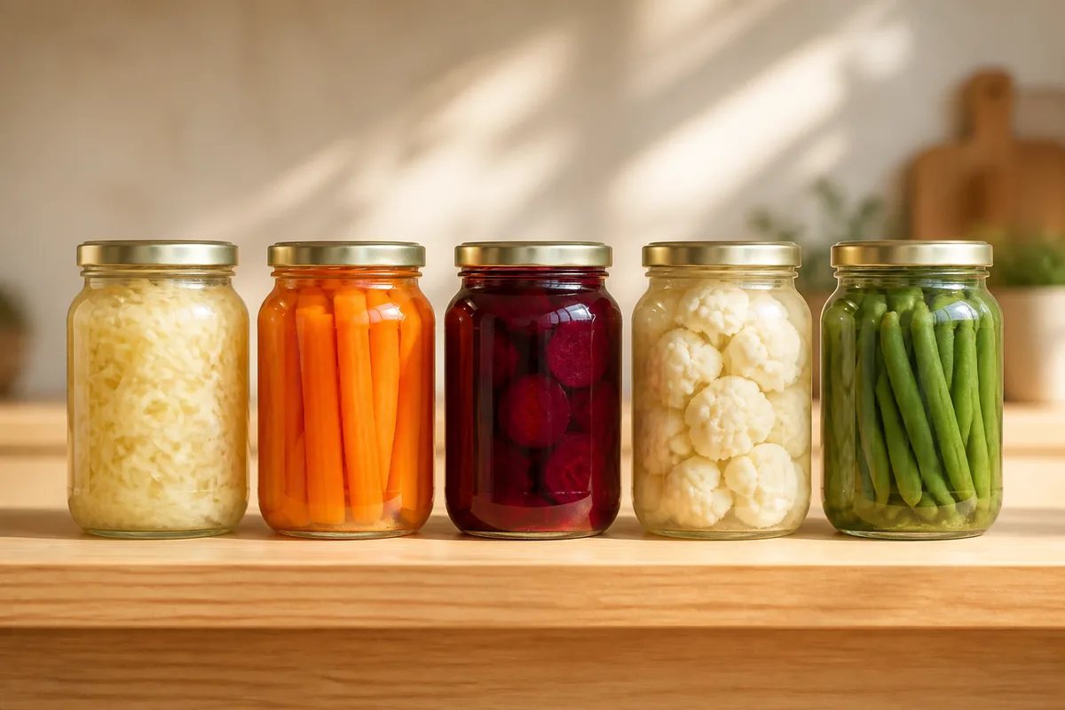Bocaux fermés de légumes fermentés colorés alignés sur une étagère de cuisine
