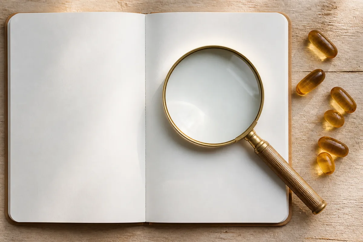 Loupe posée sur un carnet vierge à côté de gélules translucides