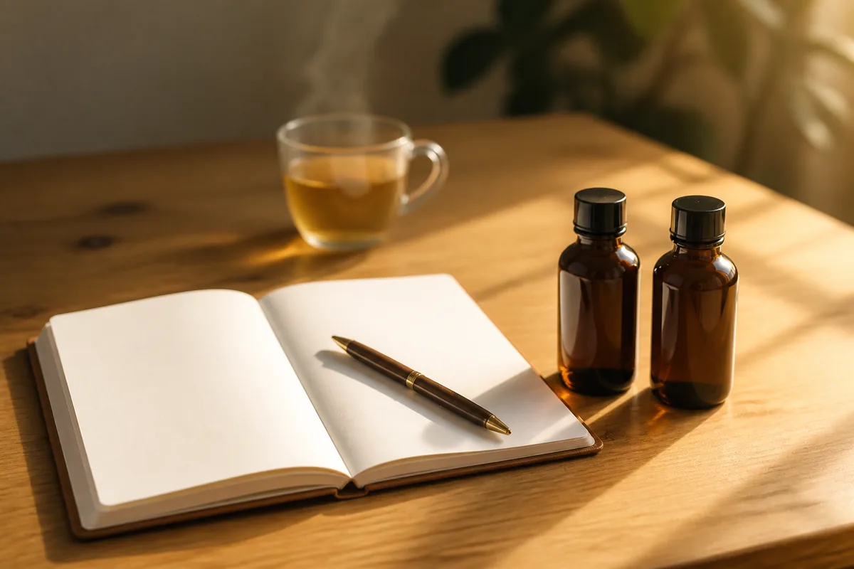 Carnet ouvert, stylo et deux flacons de verre alignés sur une table en bois clair