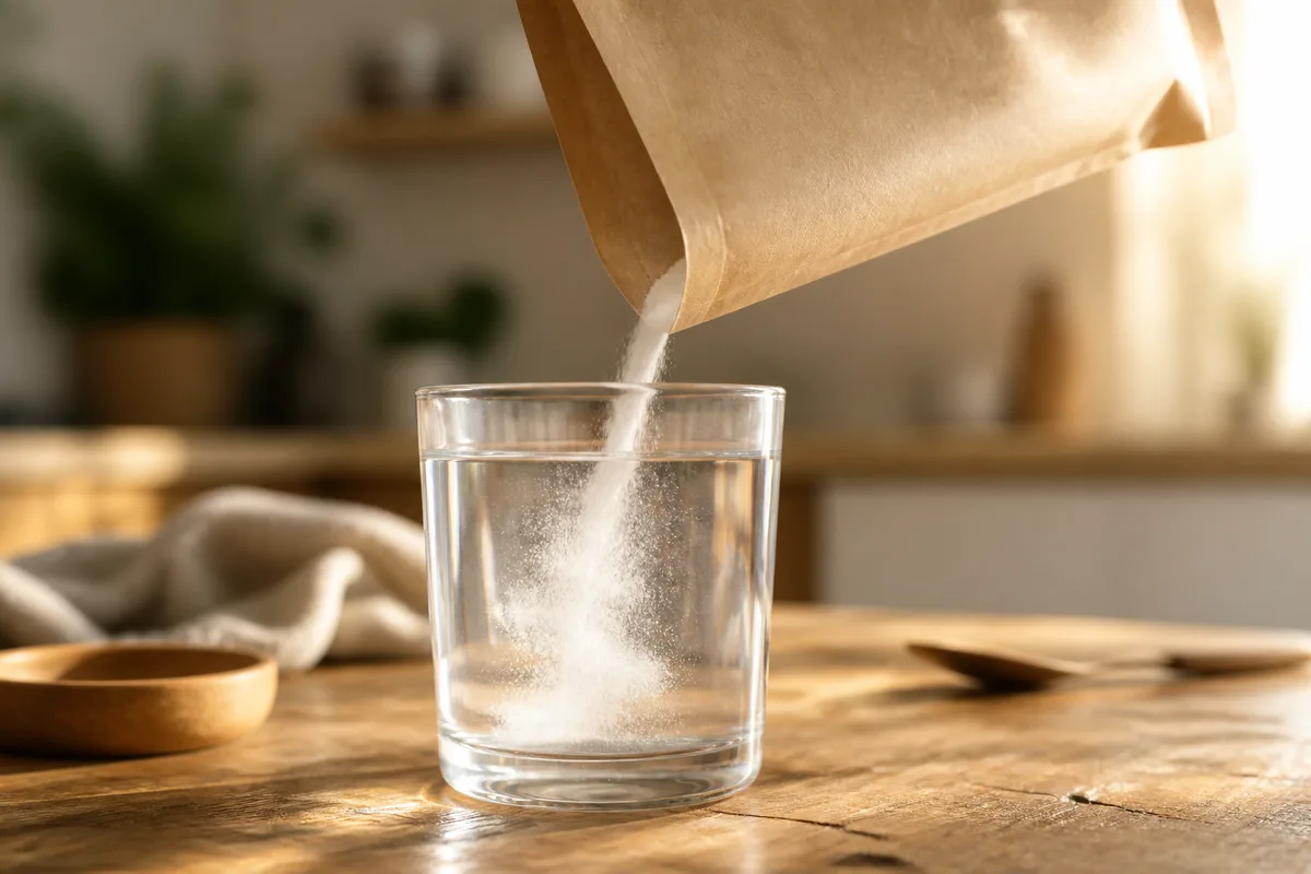 Sachet de poudre versé dans un verre d eau sur une table en bois, lumière du matin