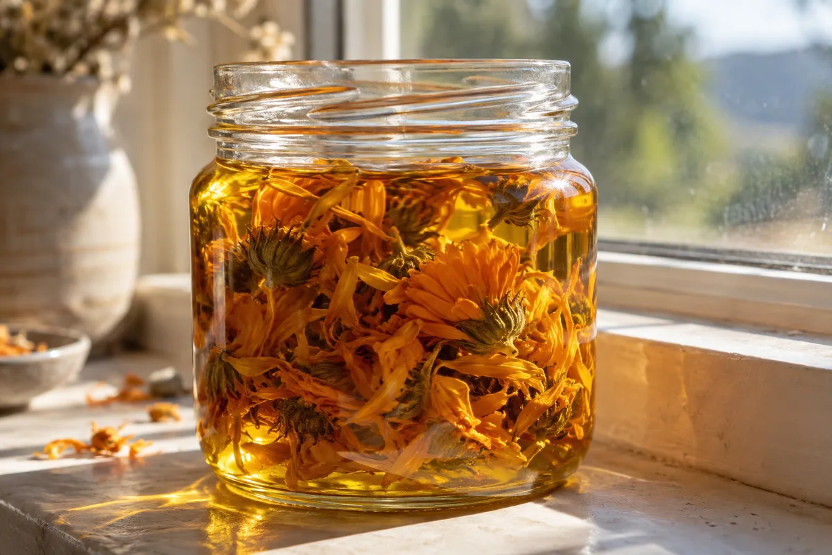 Bocal de fleurs orangées séchées baignant dans une huile dorée
