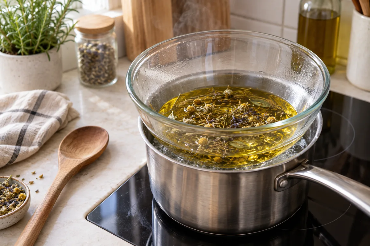 Bol d&rsquo;huile et de plantes au bain-marie sur un feu doux
