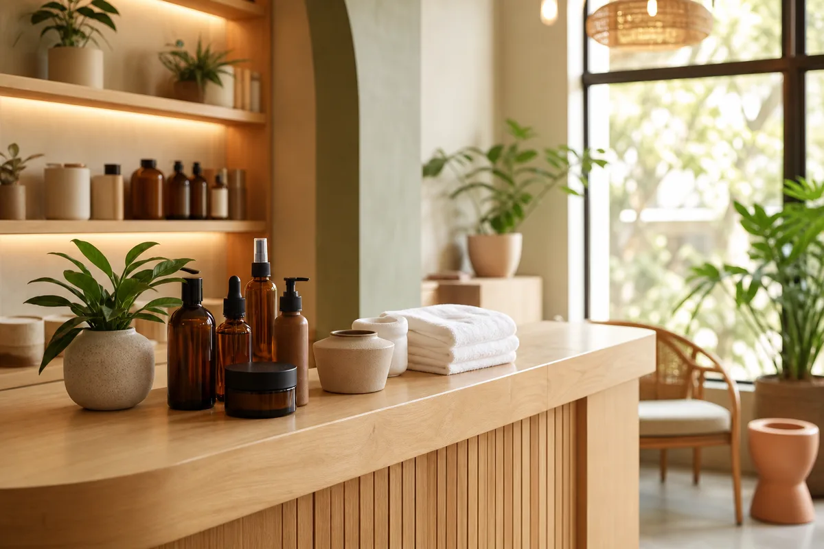 Institut de beauté lumineux avec plantes vertes et matériel de soin posé sur un comptoir en bois clair
