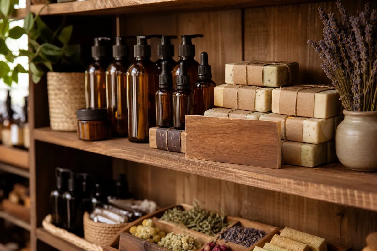 Étagères d&rsquo;une boutique de cosmétique naturelle garnies de flacons ambrés et de savons artisanaux