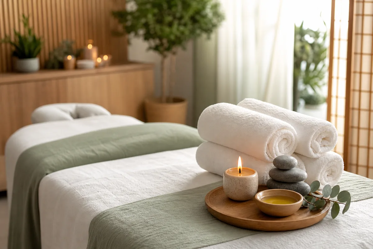 Table de soin dans une cabine de spa avec serviettes roulées, galets et bougie allumée
