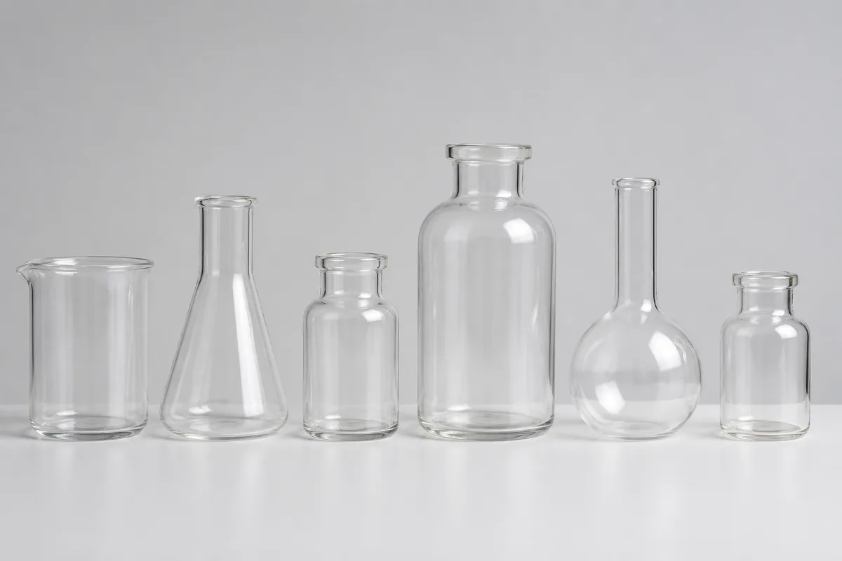 Verrerie de laboratoire lisse et propre alignée sur une paillasse blanche sous une lumière douce