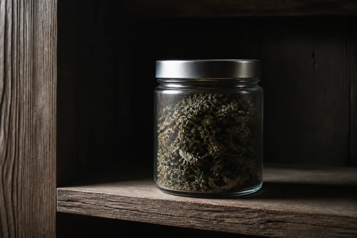 Bocal en verre neutre fermé posé sur une étagère en bois dans une pièce sombre et fraîche