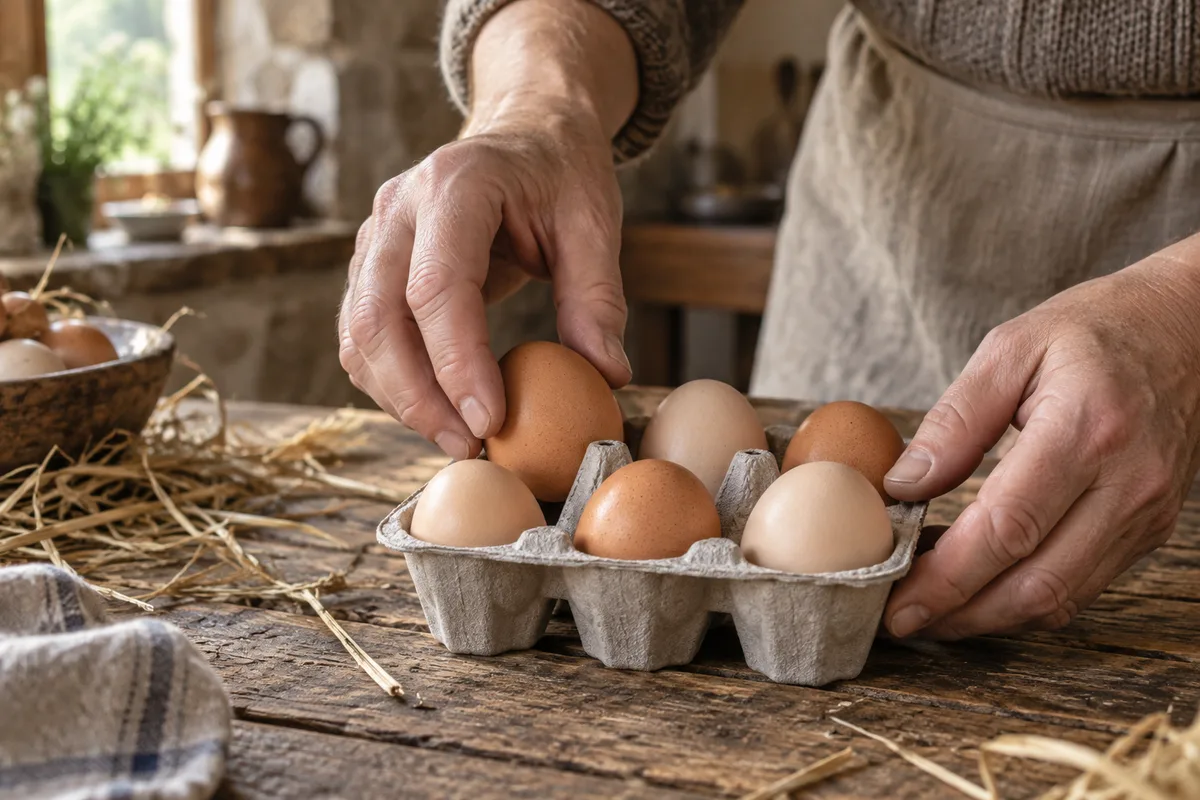 Mains déposant des œufs frais dans une boîte en carton brut sur une table de ferme en bois