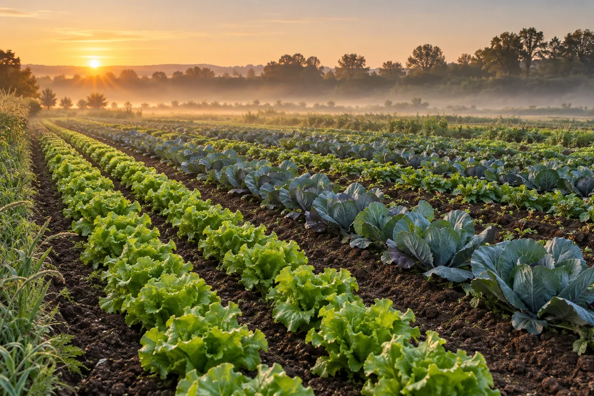 Rangées de salades et de choux dans un champ maraîcher sous une brume légère au lever du jour