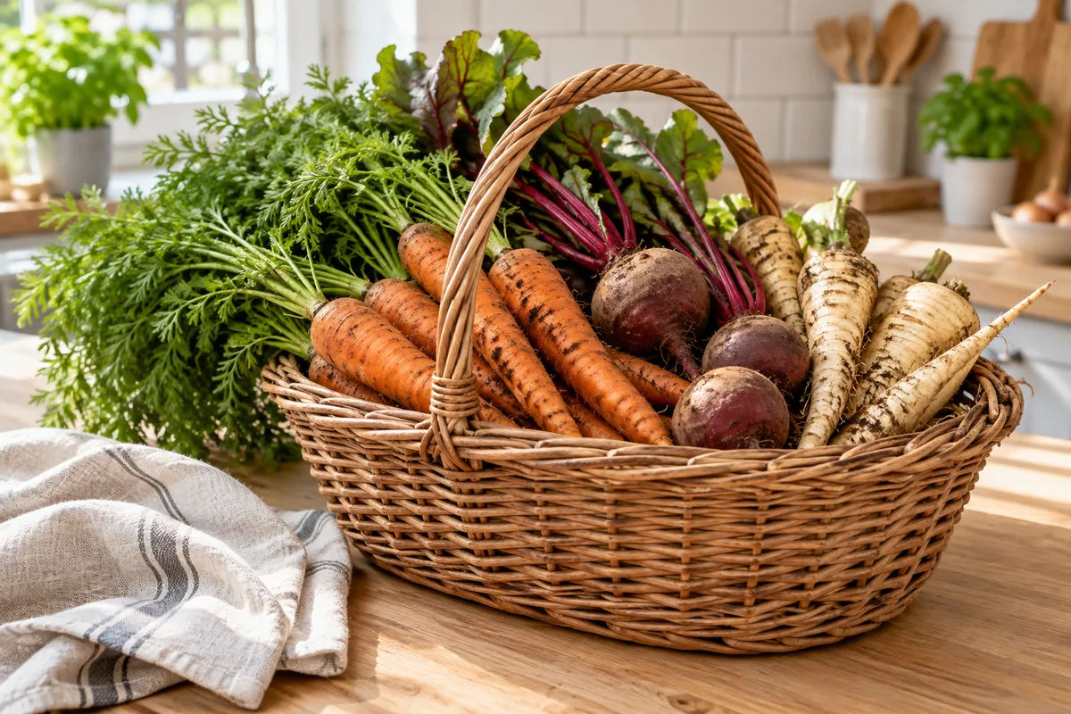 Panier en osier rempli de carottes, betteraves et panais posé sur un plan de travail en bois dans une cuisine